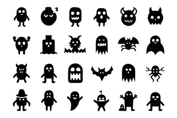 Fototapeta premium Collection of halloween silhouettes featuring ghosts, bats, spiders, and other spooky elements for festive designs