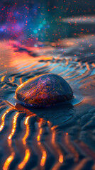 Solitary Stone at Sunset: An artful capture of a single, smooth stone at the water's edge, bathed in the enchanting hues of a vibrant sunset reflecting on the wet sand.