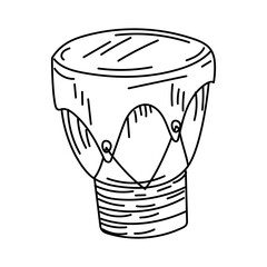 An elongated hand drum, Native American musical instrument in the style doodle. animal skin is stretched with ropes. Shamanic rituals. handmade product. Black and white scribble. American Indians