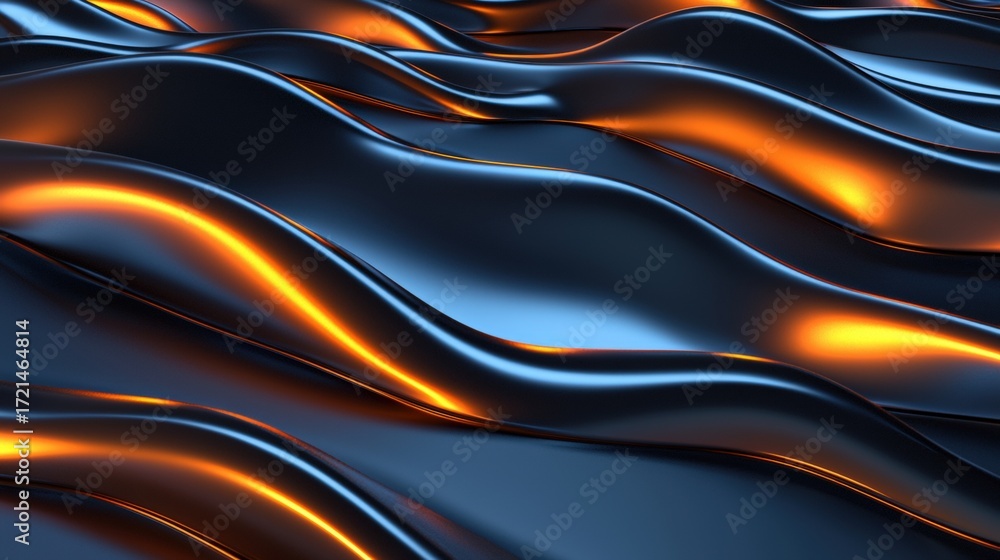 Poster a 3d rendering of a metallic surface with a wave-like texture and glowing orange highlights.