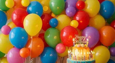"Colorful Birthday Celebration with Balloons and Candlelit Cake"