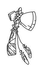 Tomahawk hammer, Native American weapon in style doodle. sharp rounded blade on wooden handle tied with leather, thread, feathers. Handmade. Engraving, graphics, shading. American Indians