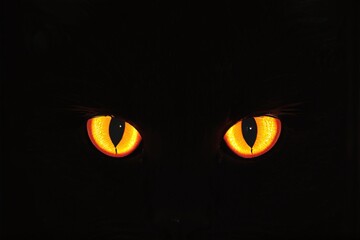 A spooky orange cat eyes glow in the dark on a black background with copy space