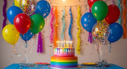"Colorful Birthday Celebration with Balloons and Candlelit Cake"