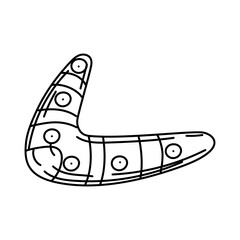 Boomerang, a Native American weapon in the style of doodle. A wooden rounded hunting object with engraved Native American symbols. Handmade item. Engraving, graphics, shading. American Indians