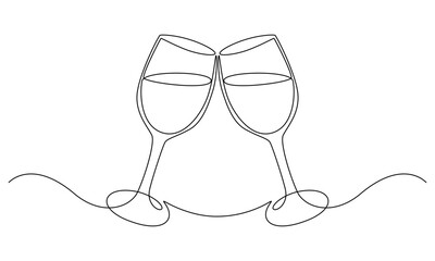 Continuous one line drawing of cheers two glasses.Minimalist holiday concept of celebrate toast and cheering drink.Alcohol and cocktail drink menu in editable stroke