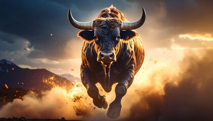 Bull in dramatic sunset