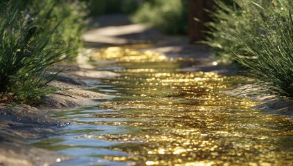 A sunlit stream of glistening gold flows through a grassy meadow, reflecting the light beautifully.