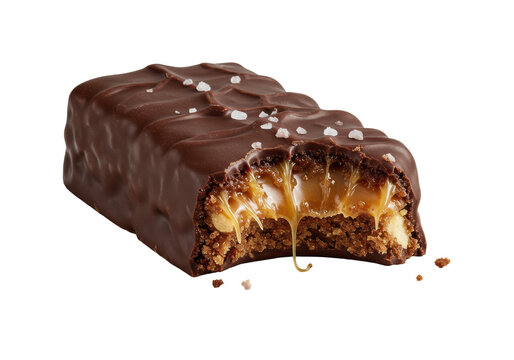 Luxurious dark chocolate sea salt caramel bar, extreme close-up, precise bite with gooey caramel, nuts, crumbs, transparent, concept of gourmet food advertising