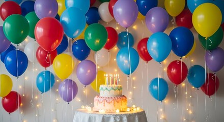 "Colorful Birthday Celebration with Balloons and Candlelit Cake"