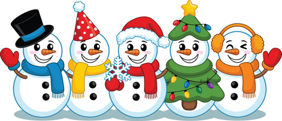 Fototapeta premium Five cheerful snowmen friends celebrating the winter holidays together