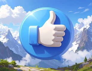 Blue thumbs up graphic, mountains