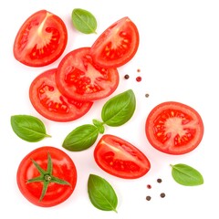 Naklejka premium Sliced tomatoes with basil and pepper