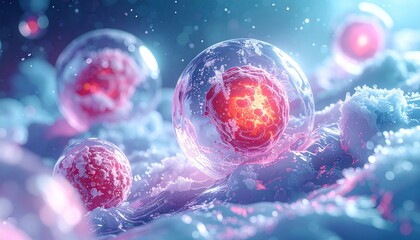 Frozen, glowing cells suspended in a snowy, ethereal landscape.