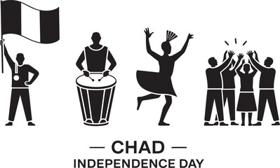 Chad Independence Day Black and White Silhouettes National Flag People Celebration Icon Set Design