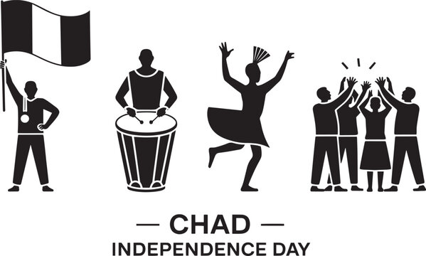 Chad Independence Day Black and White Silhouettes National Flag People Celebration Icon Set Design