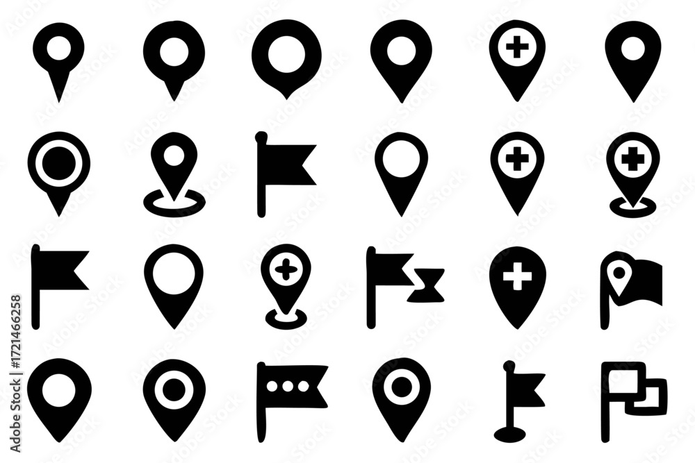 Poster collection of location pin icons, providing a versatile set of map markers and navigation symbols fo