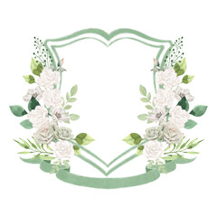 A beautiful  watercolor crest adorned with delicate white roses and lush green leaves, perfect for wedding invitations or elegant branding.