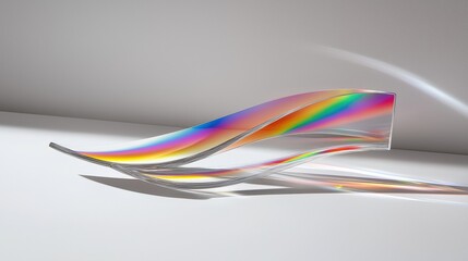 A modern abstract sculpture made of transparent glass, featuring a wave-like design and rainbow-like refractions.
