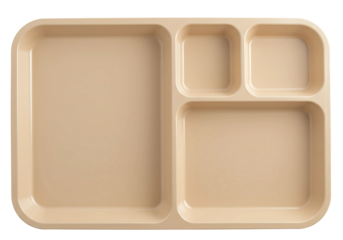 Beige plastic cafeteria tray with four compartments isolated on transparent background