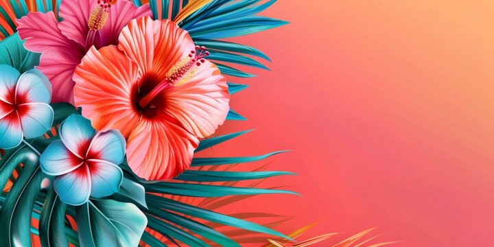 Tropical vibrant floral arrangement with hibiscus and frangipani