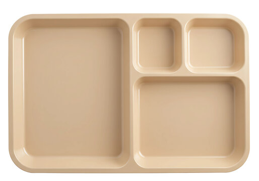 Beige plastic cafeteria tray with four compartments isolated on transparent background