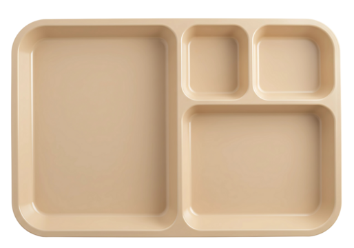 Beige plastic cafeteria tray with four compartments isolated on transparent background