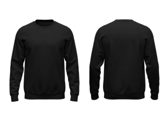 Front and back view of a plain black crewneck sweatshirt isolated on transparent background