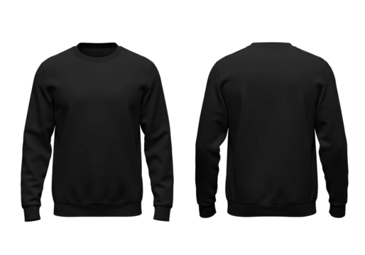 Front and back view of a plain black crewneck sweatshirt isolated on transparent background