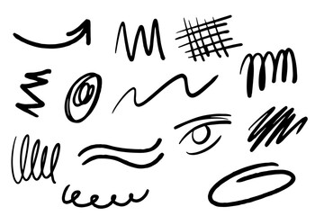 Fototapeta premium A collection of black chalk lines and charcoal highlight strokes in various shapes and patterns. Includes arrows, waves, and grid designs