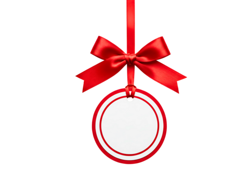 Red ribbon bow tied to oval tag isolated on transparent background