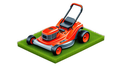 Isometric view of a vibrant orange and gray lawn mower on a patch of green grass.  A detailed representation of a gardening tool