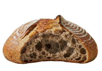 Photorealistic macro, low-angle shot of an artisanal whole-grain sourdough bread loaf dynamically torn open, steaming airy crumb, crispy crust, flour dusting, on solid transparent, concept of gourmet