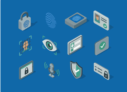 isometric icon items isolated on white background fingerprint lock print detail reader pad biometric grid id check access