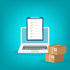 Online delivery - computer with checklist order and packages