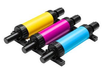 Three colorful ink cartridges for printer isolated on transparent background