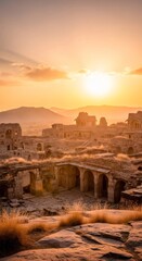 Fototapeta premium Ancient city ruins at sunset. Historical architecture with stone arches. Archaeology and travel historical tourism.