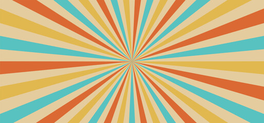 Sunburst groovy background in 70s colors, circus marquee pattern, vintage carnaval bg, red circle rays on beige. Abstract marquee strip beam for poster, flyer, summer holidays, vector illustration.