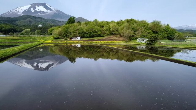 代搔き前の田んぼの水面に映る山
