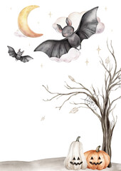 Vertical Halloween Banner or postcard watercolor illustration with bats. Drawing of autumn frame with trees on isolated background. Border with pumpkin and fall leaves