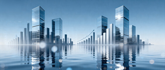A modern city skyline with buildings reflected in water, featuring an upward economic growth graph, representing urban development and business progress.