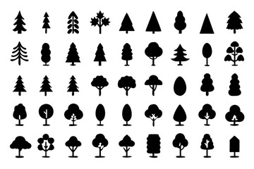 Collection of diverse tree silhouettes, showcasing various shapes and sizes for forestry, nature, and ecological designs