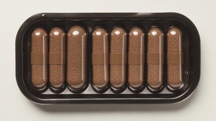 Brown Chocolate Candy Capsules in Black Plastic Tray Arrangement