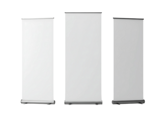 Three blank white roll up banner stands isolated on transparent background