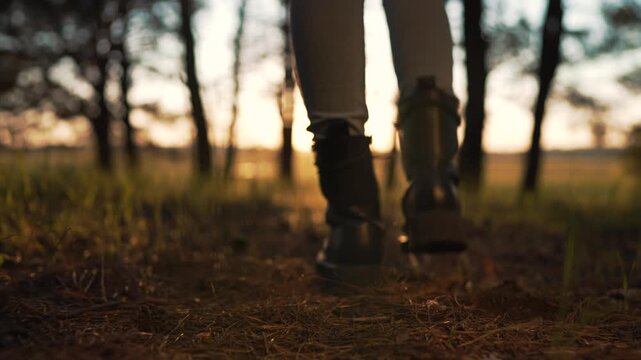 Walk through forest grass at sunset showing boot step and silhouette of leg and person moving in nature with closeup of boot tread on grass and slow step detail under warm sunset light golden