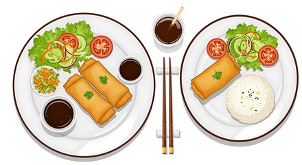 Delicious asian spring rolls served with rice and salad on plates