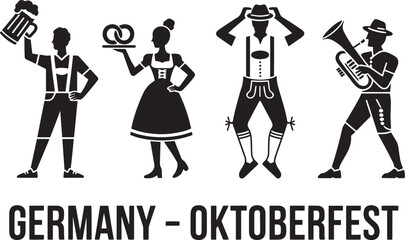 Oktoberfest German Beer Festival Silhouettes. Germany Holiday Symbols. Celebration Icons. Traditional Fun