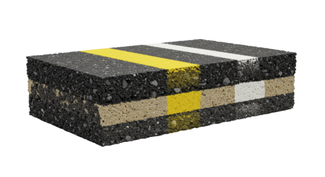 Meticulously cut asphalt cross-section, dark aggregate, black bitumen, yellow center line, white shoulder; isolated transparent, raking studio light, precision engineering concept