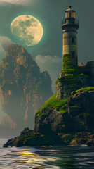 Lighthouse under Moon: A majestic lighthouse stands sentinel atop a rugged cliff, illuminated by the soft glow of a full moon casting a serene light over the sea.