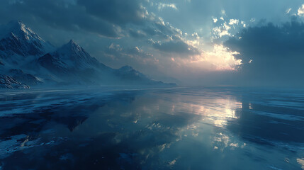 Fototapeta premium Serene frozen landscape with majestic mountains reflecting in the icy water under a dramatic cloudy sky.